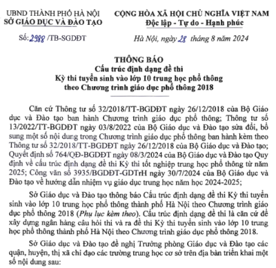 Sở Giáo dục và Đào tạo thành phố Hà Nội thông báo Cấu trúc định dạng đề thi Kỳ thi tuyển sinh vào lớp 10 THPT theo Chương trình giáo dục phổ thông 2018